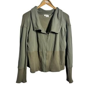 Heyson Jacket Women L Olive Green Patchwork Relaxed Asymmetrical Zip Lagenlook